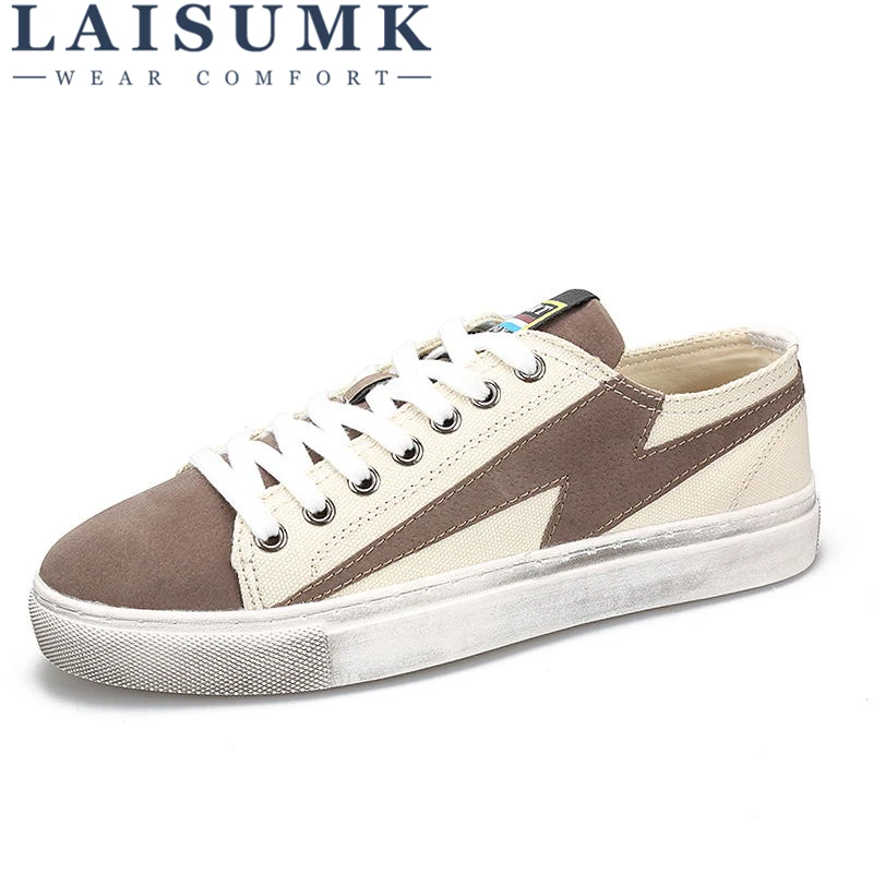 

2020 LAISUMK Canvas Shoes Men New Arrival Spring Autumn Casual Shoes Mens Shoes Lace-Up Canvas Flat Fashion Loafers Shoes