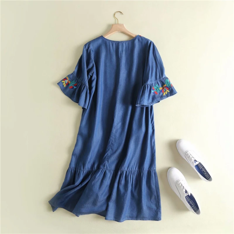 Vintage chic women floral embroidery beach Bohemian midi dress Ladies short sleeve v-neck denim Boho vestidos