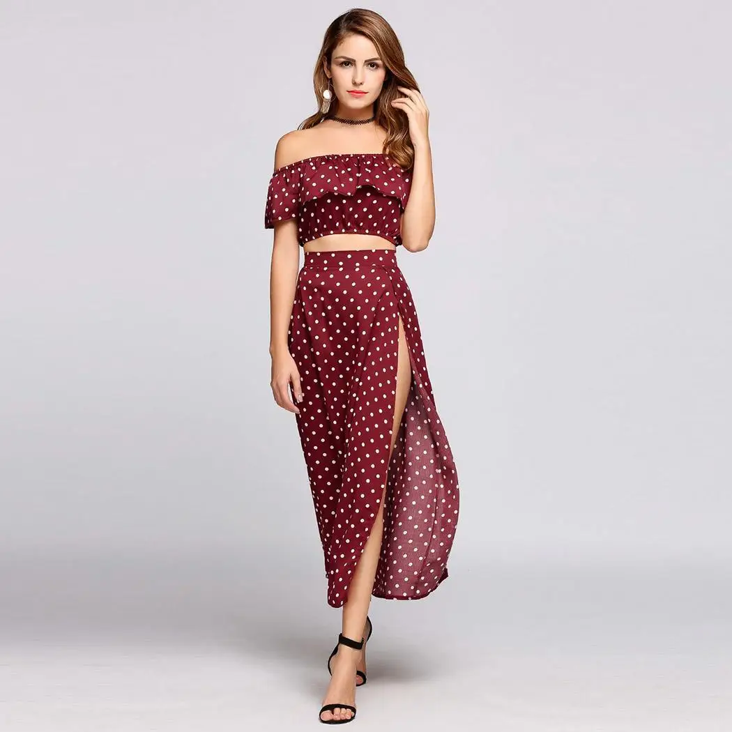 Shoulder the Off Polka Dot Ruffle Bandeau and Split Skirt Set | Женские костюмы