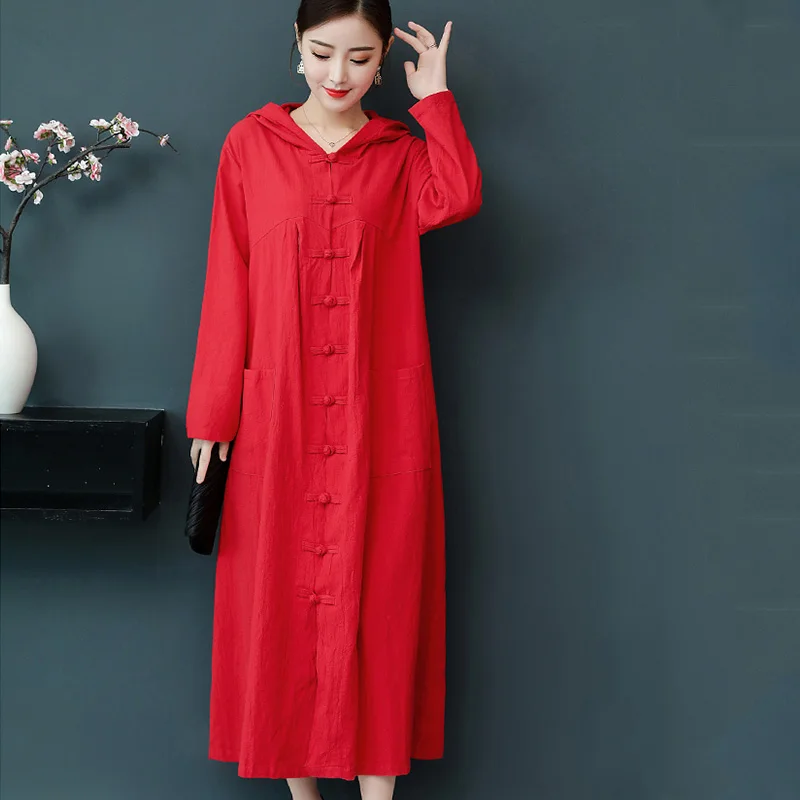 Тренчкот женский длинный из 2019 хлопка и льна с капюшоном в винтажном китайском