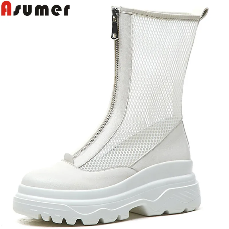 

ASUMER fashion summer new shoes woman zip ankle boots mesh+genuine leather shoes women flat platform ladies shoes boots women