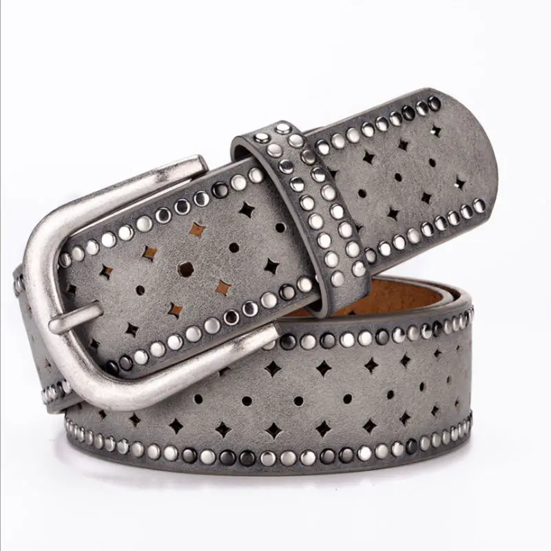Light gray SupSindy женский ремень Заколка Для панка Пряжка винтажные заклепки роскошные женские Оригинальные кожаные ремни для женщин пояс полый женский ремень - Цвет: Light gray