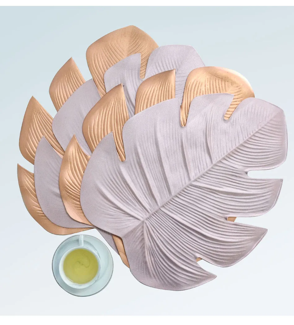 Creative PVC Placemat Simulation Plant Palm Leaf Table Mat Pink Gold Heat Insulation Waterproof Pad Home Christmas Decoration