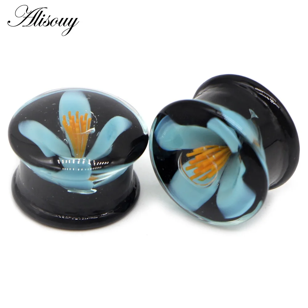 EM0826B Flower Alisouy, новинка, 2 шт., стеклянный цветок, для женщин и мужчин, ушные пробки, измерительные приборы, серьги, пирсинг, экспандер, телесный туннель, носилки, ювелирные изделия для тела, 6-20 мм - Окраска металла: EM0826B Flower