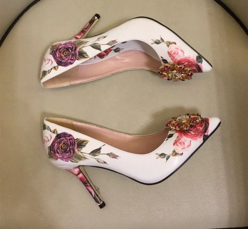 

High quality real leather pointed toe high heels Chic floral print high heeled shoes Women daimonds wedding shoes EU35-41 BY601