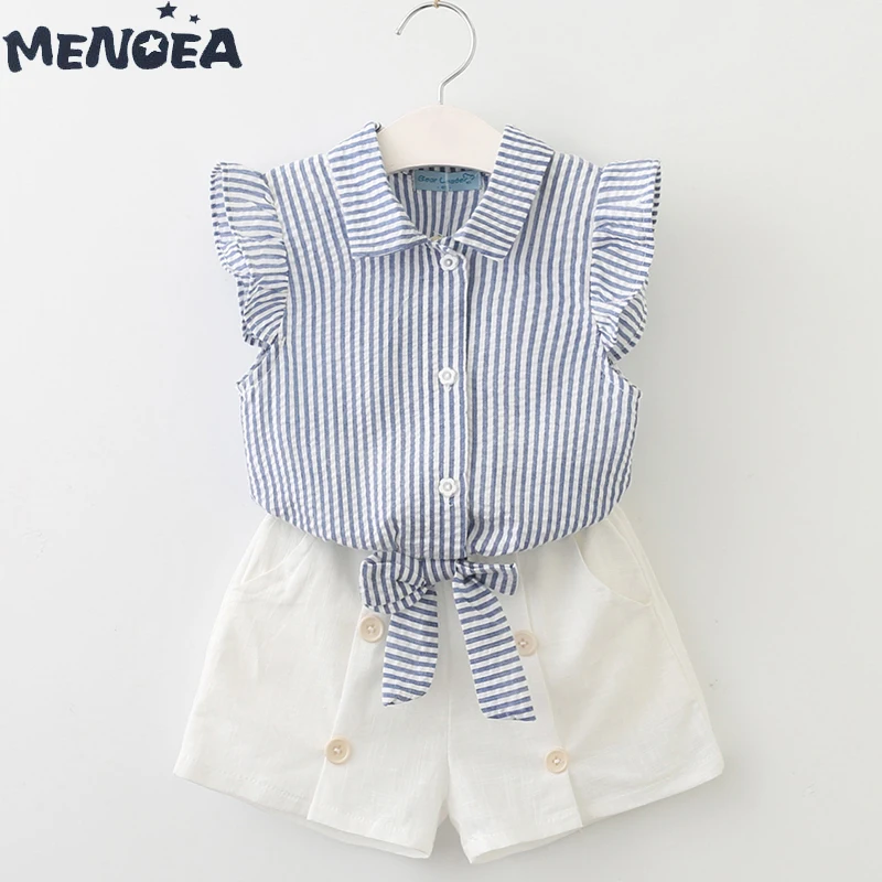 Menoea Girls Clothing Sets New 2020 Summer Fashion Girl Suits Clothes Sleeveless Stripe T-Shirt+Shorts 2Pcs Kids |