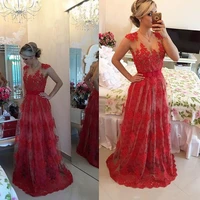 new v neck appliques prom dresses red lace beaded button back floor length real a line sheer neck latest evening party dresses