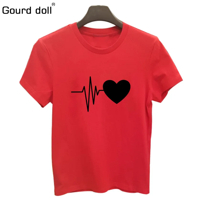 red-black Gourd Doll Хлопковая женская футболка с принтом Love, летняя футболка, Повседневная разноцветная забавная футболка с рисунком, женский топ, модная футболка - Цвет: red-black