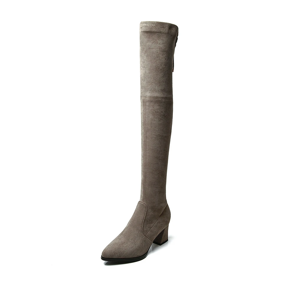 Light grey 5cm EshtonShero/обувь женские сапоги выше колена, на низком квадратном каблуке, на молнии, с эластичной резинкой, зимние женские мотоциклетные сапоги Размер 3-12 - Цвет: Light grey 5cm