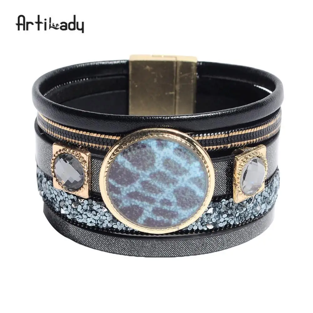 Artilady, магнитный кожаный браслет, браслет, много цветов, boho wrap, браслет, ювелирный подарок для женщин и мужчин - Окраска металла: black