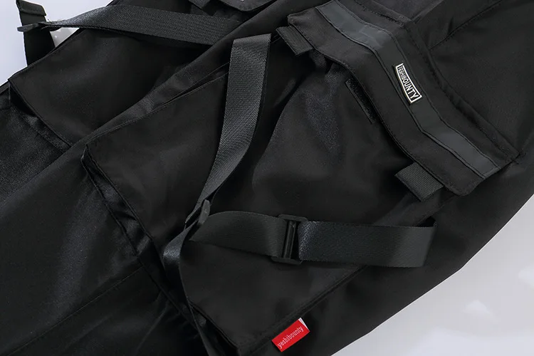 

Men Ribbons Patchwork Multi Pockets Hip Hop Cargo Pants Black Tactical Pants Men Casual Slim Joggers Punk Trousers US Size