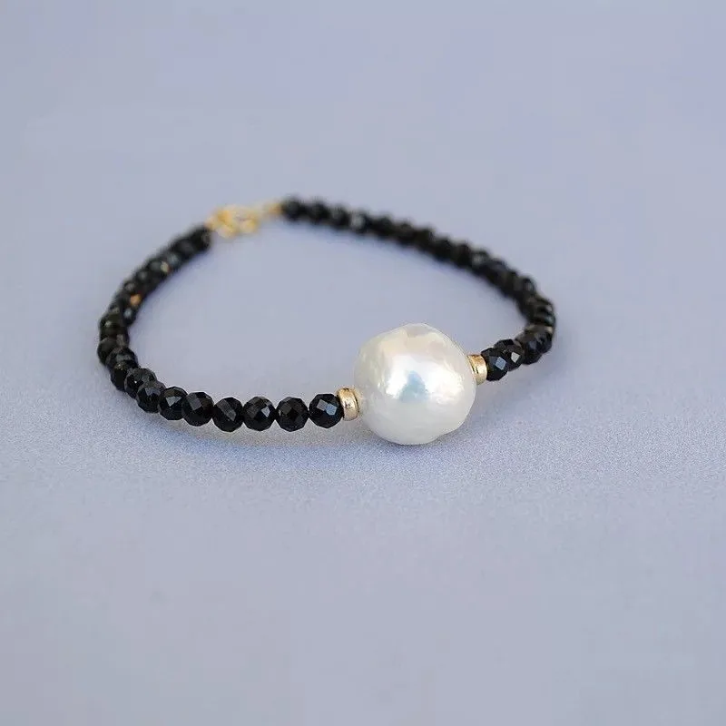 

Natural Black agate 2-3mm White Kasumi 10-11MM Pearl Single Strand Bracelet 925 sterling silver clasp