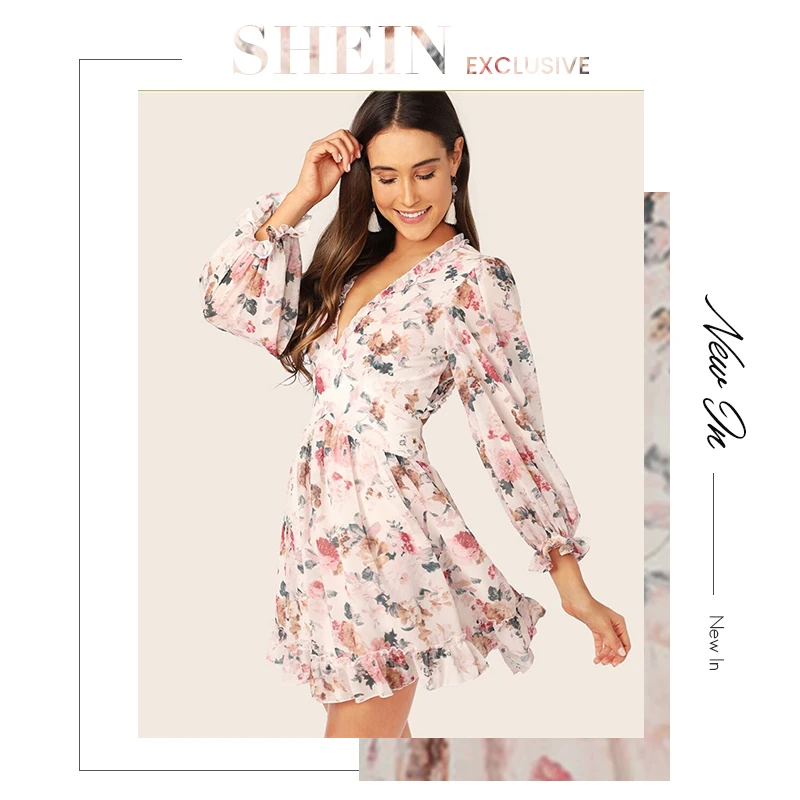 SHEIN модное платье с оборками на шее и цветочной отделкой, женское платье с открытой спиной, мини-платье с рукавом Бишоп, шифоновое весенне-летнее платье с высокой талией