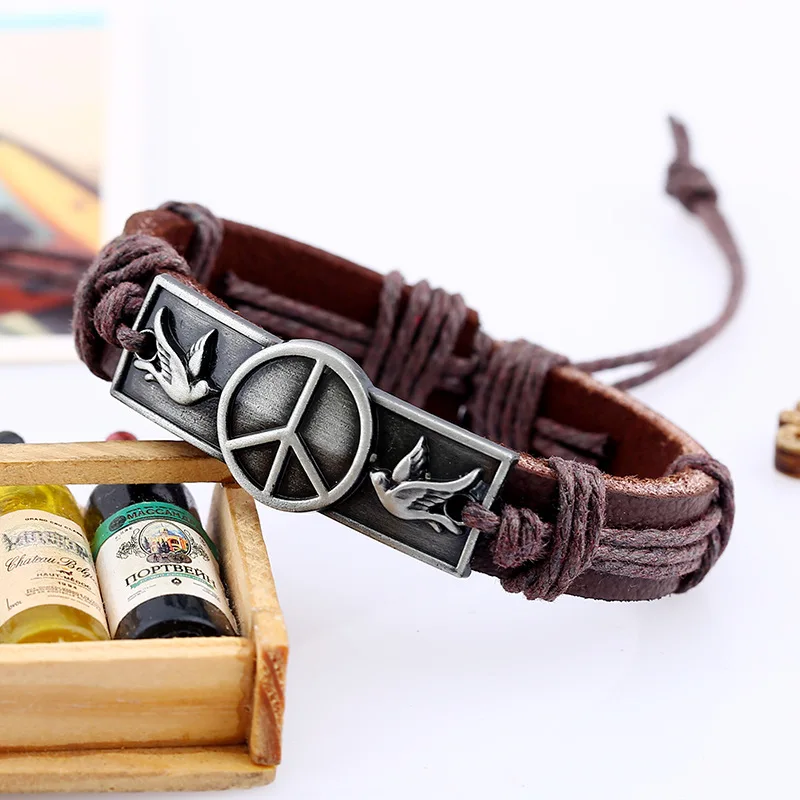 Retro Casual Genuine Leather Bracelets Hemp Rope Hand-woven Unisex Bangles Peace Alloy Charm Wrap Bracelet Man Jewelry Wristband | Украшения