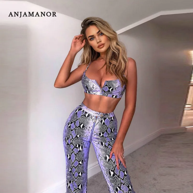 Женский костюм двойка ANJAMANOR из двух предметов с принтом змеиной кожи штаны и кроп