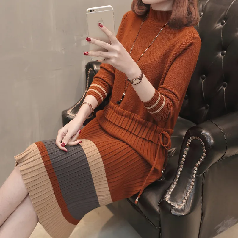 2018 Fashion pullovers sweater Hot sale Solid color Full sleeve Turtleneck long sweaters New style 2 piece of false sets | Женская