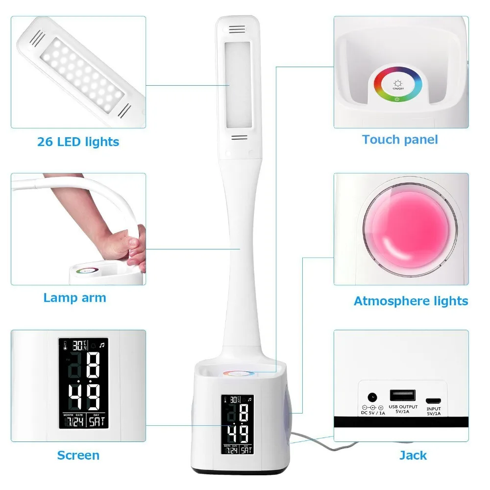 WoodPow светодиодный гибкая рука Настольная лампа с Экран календарь Красочные RGB