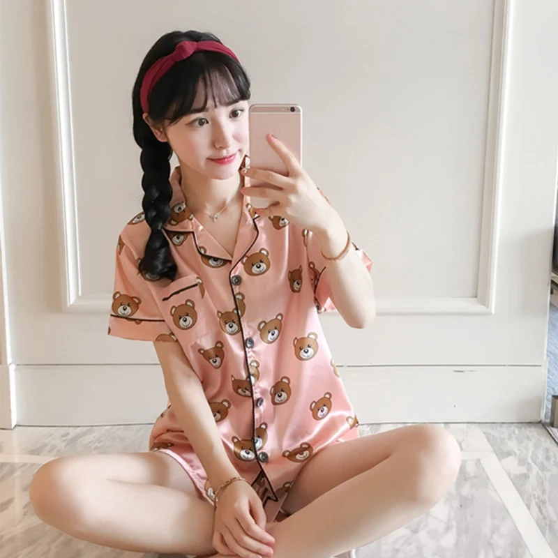 2020 Autumn Women Satin 2 Pieces Pajama Sets Shirts Shorts Pyjama Suits Female Sweet Cartoon Print Button Up Homewear Nightwears | Женская