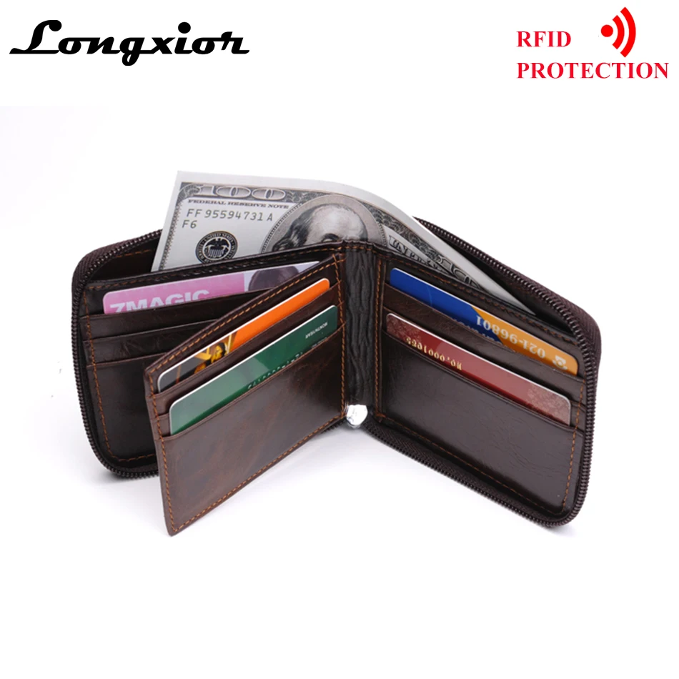 MRF9 модный мужской кошелек на молнии RFID Блокировка ID кредитный держатель для карт Топ Зерно натуральная коровья кожа мужской кошелек с карманом
