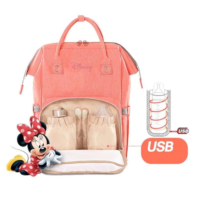 Disney Пеленки сумки для мамы USB бутылка изоляционная Сумка для беременных подгузник тепловой Микки Минни мумия рюкзак сумочка для ухода за ребенком