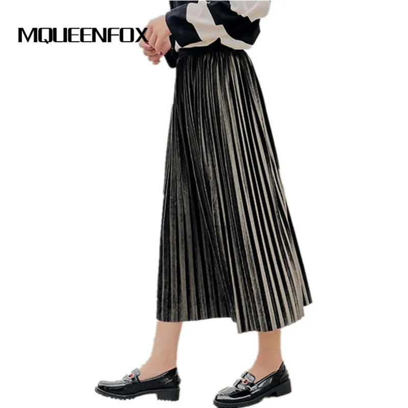 Осенняя винтажная длинная Плиссированная Юбка макси цвета металлик и серебра