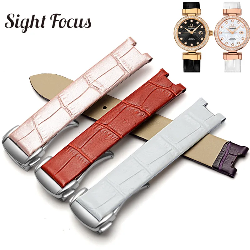 16x8mm Women Calfskin Leather Watch Strap Band for Omega Watch de Ville 425.38 Ladies Bracelets Deployant Clasp Belt Band Correa