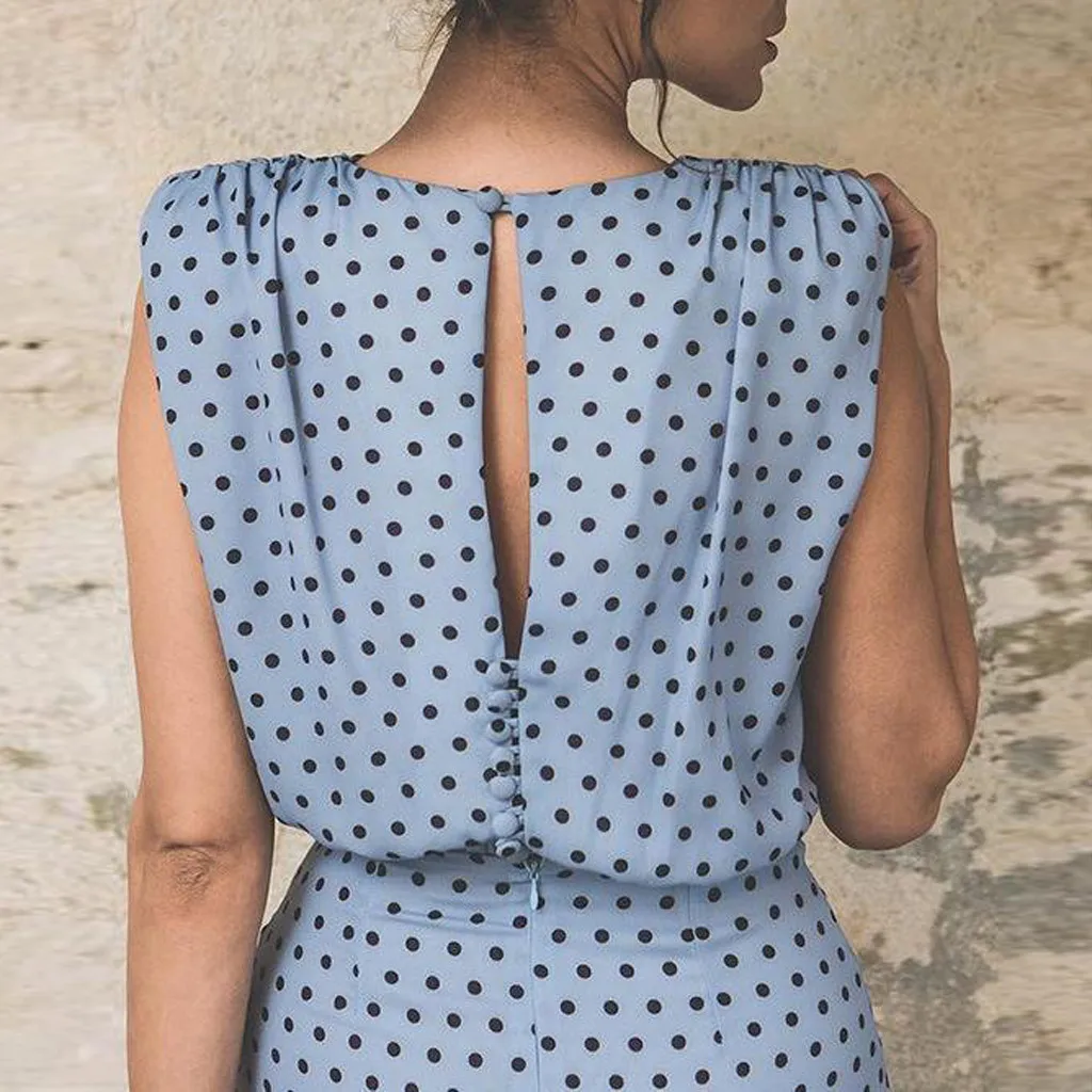 

Women Dresses Fashion Womens Bohe Casual Wave Point Print Slim O-Neck Sleeveless Dress Vestidos