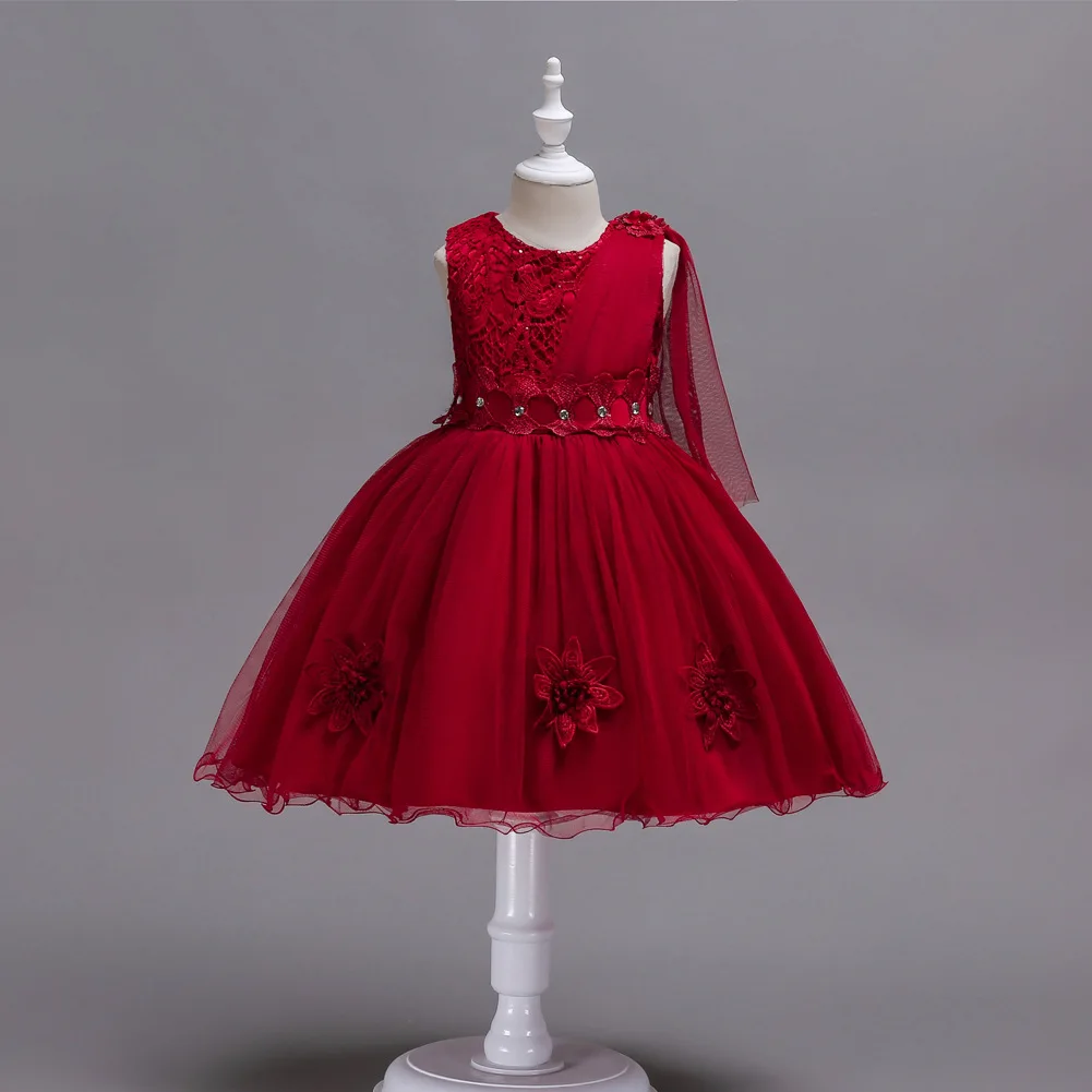 Turquoise Red Pageant Gown Sash Rhinestone Short Children Wedding Wear Clothing Kids Flower Dress for Girl Party and Elegant | Детская