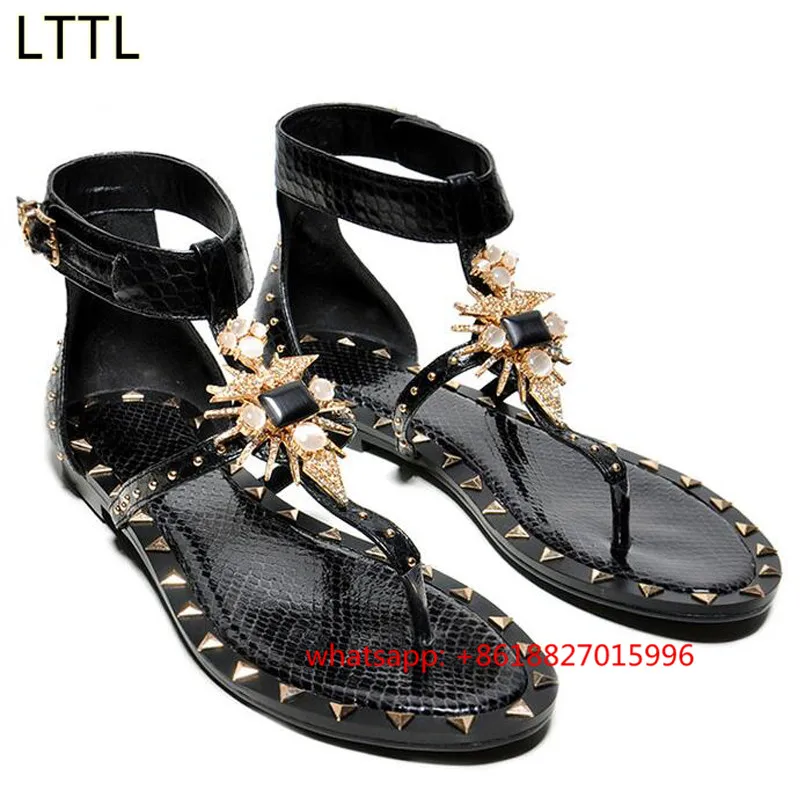Lttl 2017 новый кожаный печати женщин флип-флоп сандалии роскошный горный хрусталь