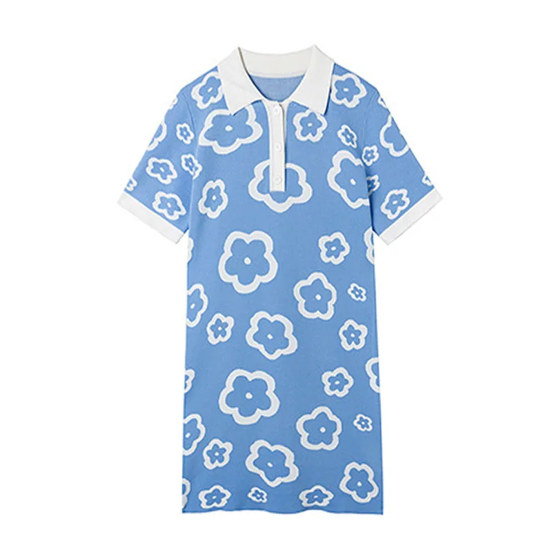 

PERHAPS U Blue Floral Print Turn Down Collar Short Sleeve Knitting Button Mini Dress Women Female Summer Polo D1144