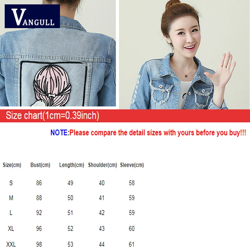 

Vangull Spring & Summer Casual Women's Clothing Short Denim Jacket Cartoon Embroidery Long Sleeve Single Breasted Slim Jean Coat