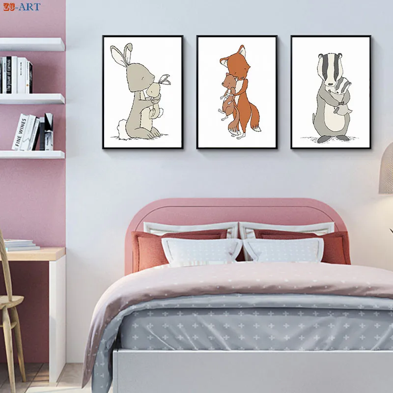 Банни лиса Барсук плакаты и принты мама ребенок обнимает стены искусство Семья