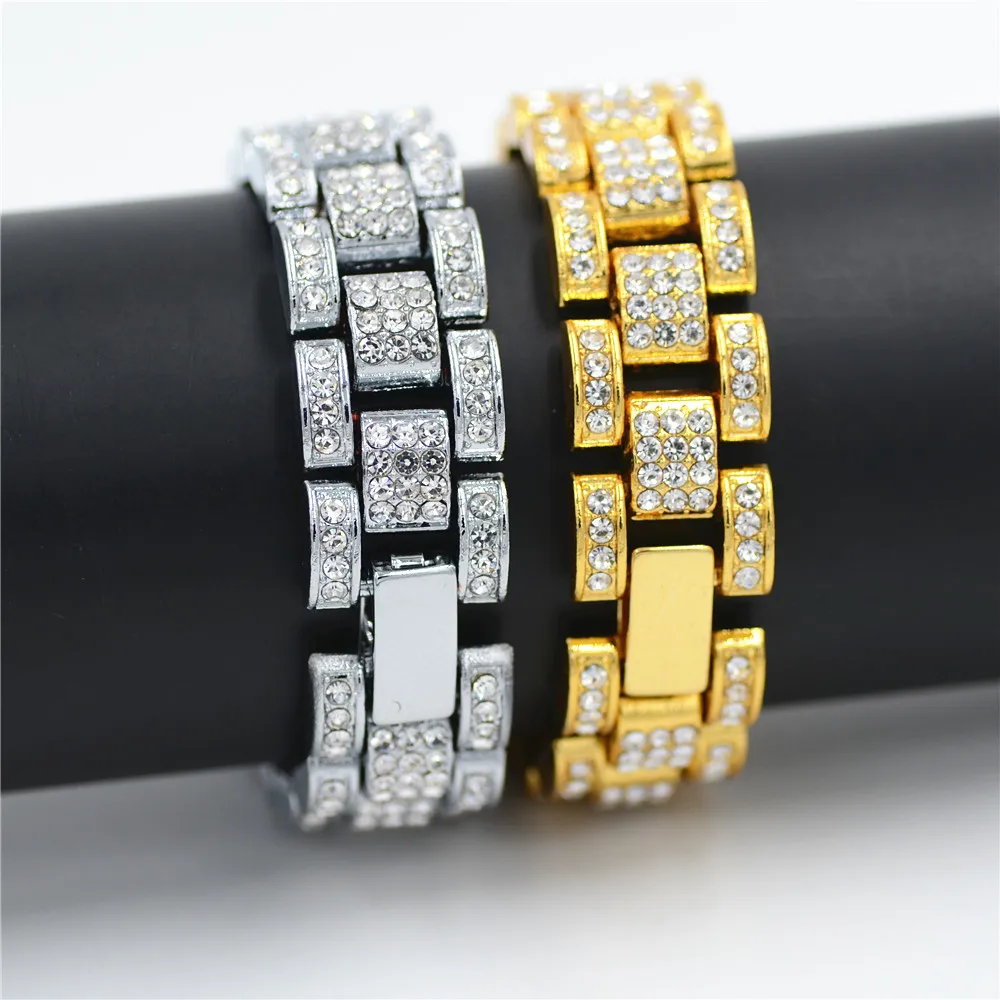 Хип хоп ювелирные изделия для мужчин золото серебро хип мужские Браслеты Стразы