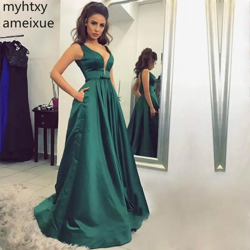

Green Long Prom Dresses 2021 V-neck Cheap Floor Length Backless Sleevelss Satin Evening Gown Vestido De Festa Plus Size Prom