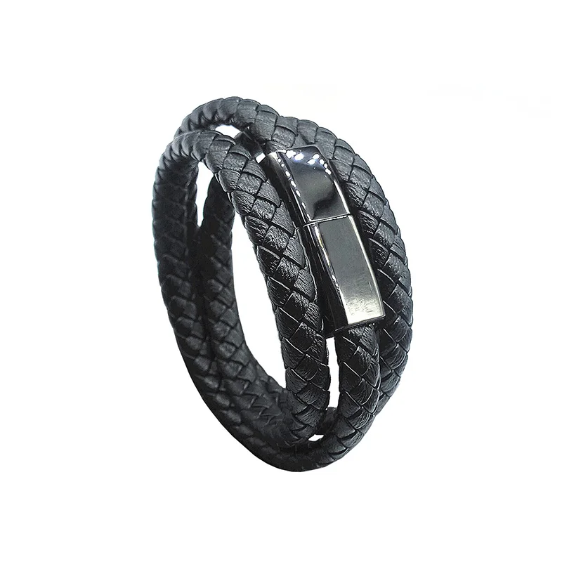 Travel Fast USB Phone Chargers Jewelry Black Punk Rubber Silicone Braided Leather Bracelet Men Stainless Steel Magnetic Clasp | Мобильные