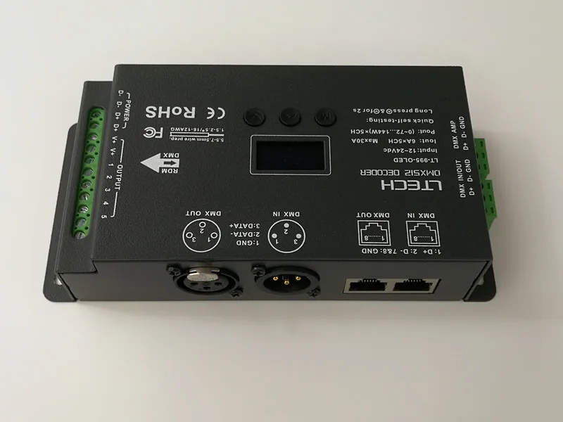 Светодиодный контроллер dmx декодера; DC12-24V вход; 6A* 5CH Max 30A выход RGB/RGBW XLR-3/RJ45 16 бит 65536 уровня