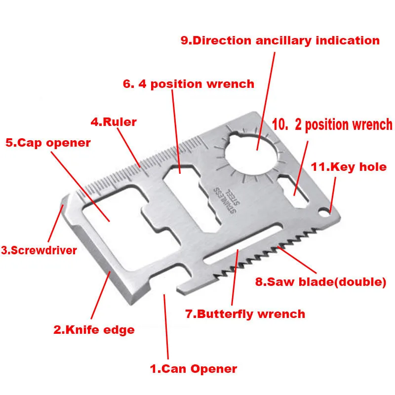

Camping Multi Purpose Tool 11 in 1 Multifunction Card Knife Pocket Survival Outdoor Surviving Tools Card Knife in bag 1000 pcs