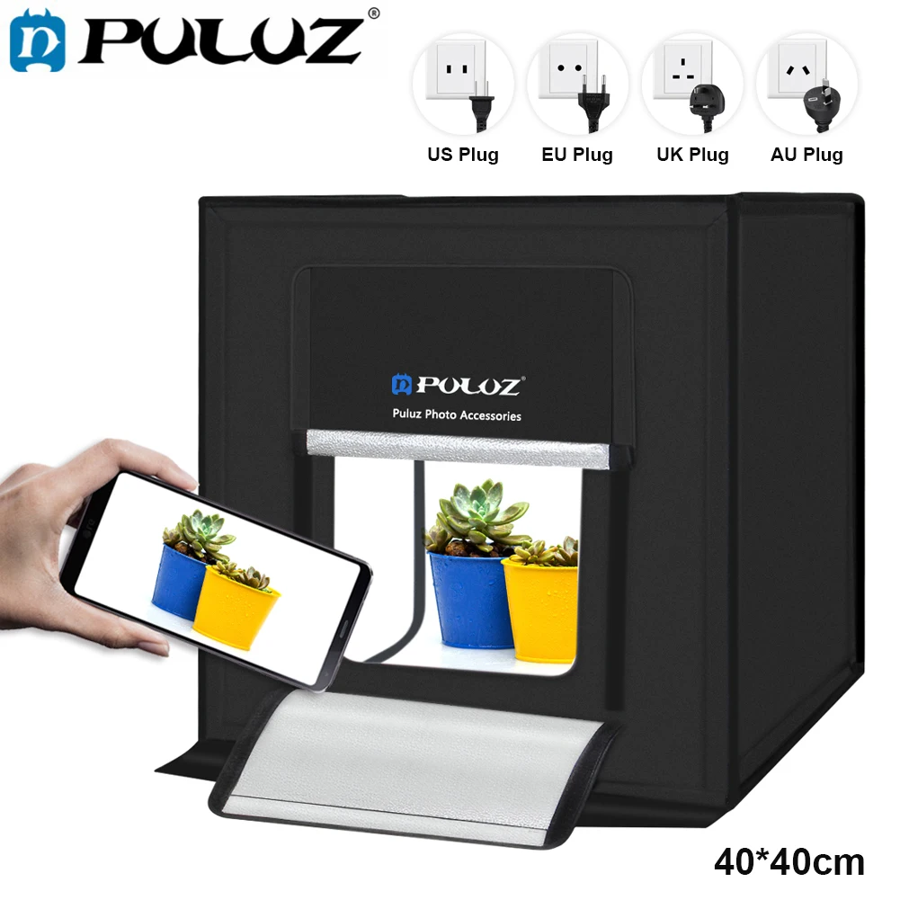 PULUZ 40*40 см мини светодиодный софтбокс для студийной фотосъемки, софтбокс для фотосъемки с европейской вилкой, светодиодный фотобокс для студийной съемки