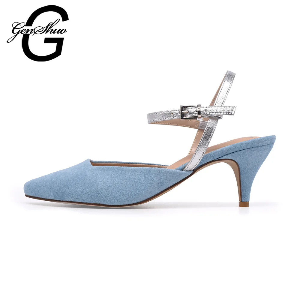 GENSHUO/Slingback ботинки на среднем каблуке замшевые туфли с острым носком шпильках