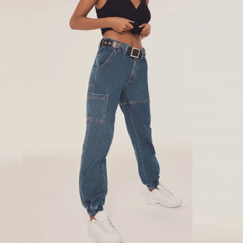 Casual harem jeans loose fit Jeans Women elastic stretch middle Waist Blue Denim Pants Zipper bleached washed fashion | Женская одежда
