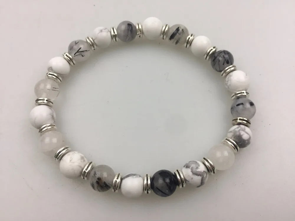 Natural Rutilated Quartz White Howlite Bracelet Round Bead Fashion Men's Bracelets Sports Yoga Mala Beads | Украшения и