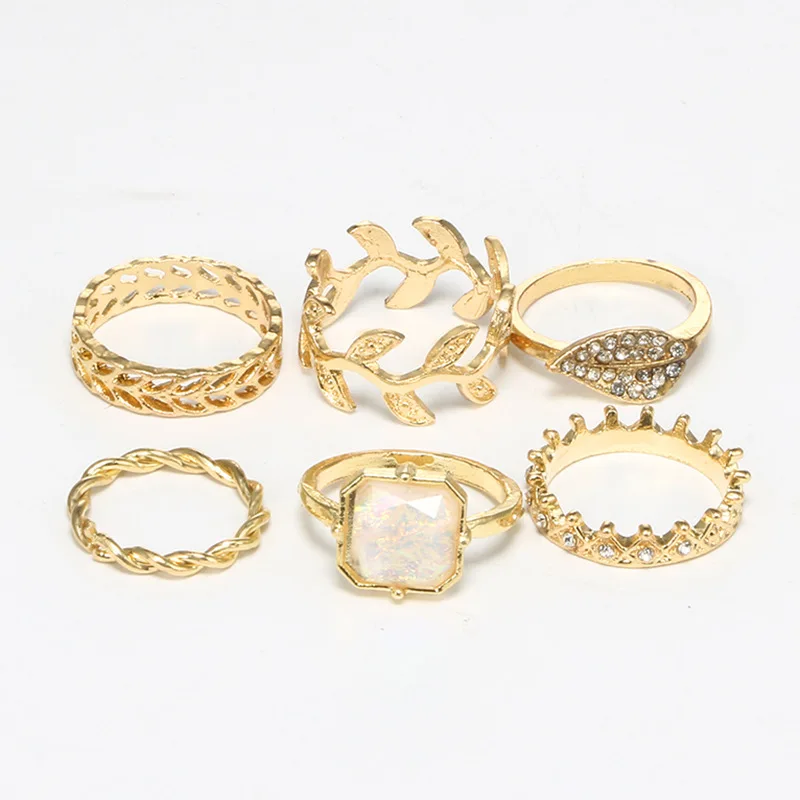 6 Pcs/set Bohemian Vintage Leaf Crown Crystal Gold Geometry Finger Ring Set Party Punk Jewelry Women Wedding Anniversary Gift | Украшения и