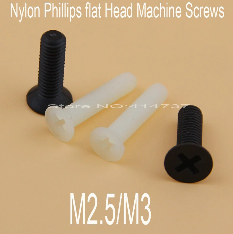 100pcs/lot M2.5/M3 Black Nylon plastic Phillips flat Head (Cross recessed countersunk head) Machine Screws Length 5mm--20mm