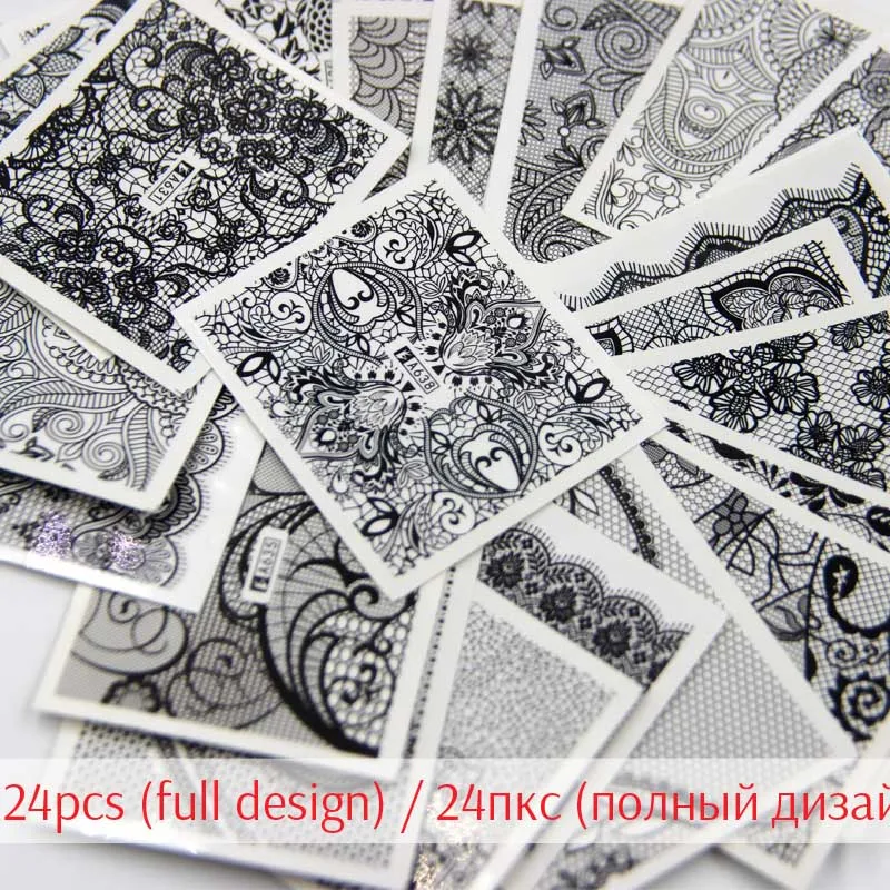 24pcs full design 24/48 шт черные кружевные ногтей Водные Наклейки Мандала нейл-арта татуировки переводные водная горка - Цвет: 24pcs full design