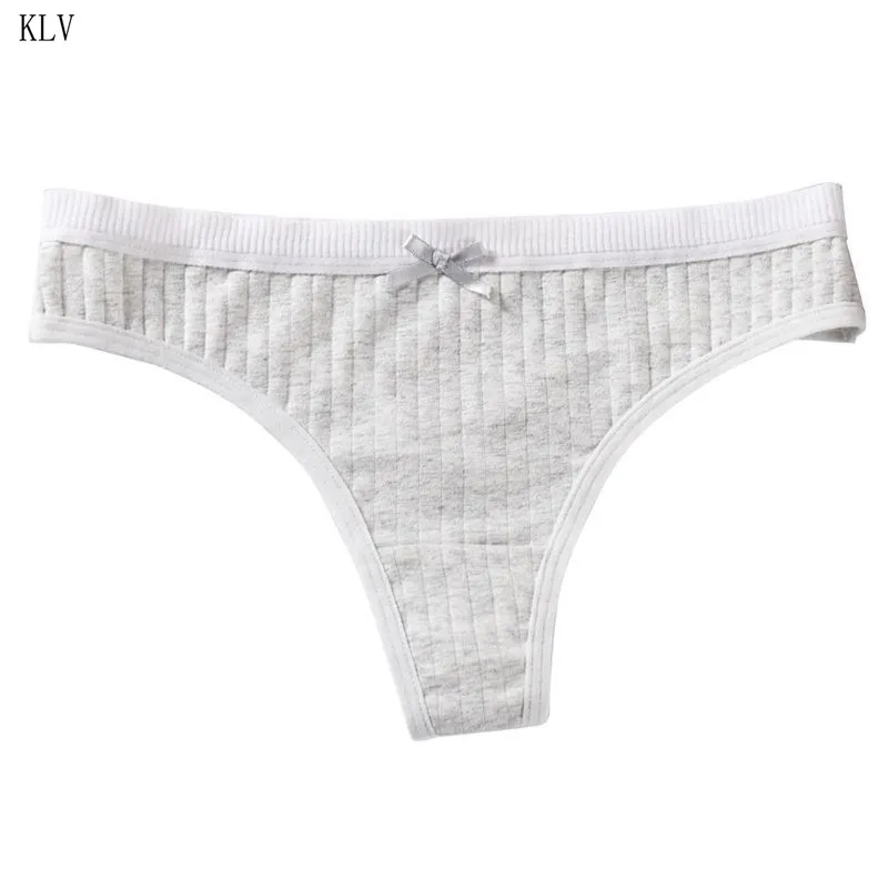 Черный Women Sexy Low Rise Cotton G-String Lingerie Plain Solid Color Bowknot Panties Thong Thread Ribbed Striped Underwear Briefs - Цвет: Черный