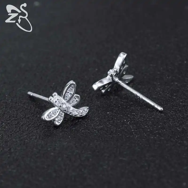 

ZS Dragonfly Earrings For Women 925 Sterling Silver Jewelry Popular Earrings Crystal Ear Studs AAA Cubic Zirconia Oorbellen