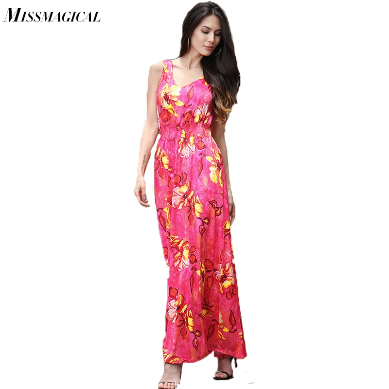 Новое платье 2017 года лето Печать безрукавное платье с глубоким V-образным вырезом на пляж, свободное до пола красное платье для женщин Fc073