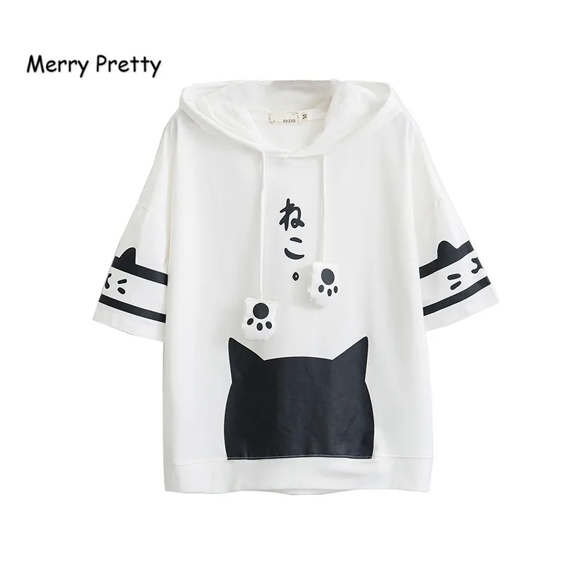 Белый Merry Pretty футболка Женская harajuku японский стиль kawaii cat Футболка белая с капюшоном короткий рукав хлопок девушки tumblr футболки Friends - Цвет: Белый