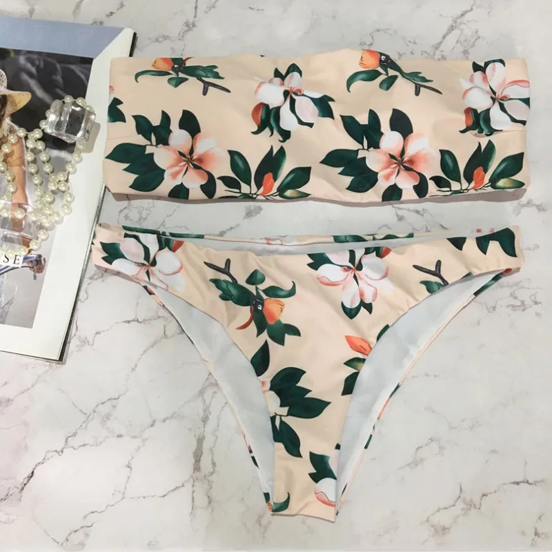 Sexy Bandeau Bikini 2018 Women Floral Printed Swimwear Tube Top Bathing Suit Low Waist Swimsuit Strapless Set Beach Wear |