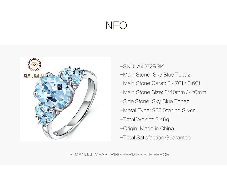 GEM'S BALLET 4.77Ct Овальный натуральный Небесно Голубой топаз 925 пробы Серебряный Драгоценный Камень Свадебные обручальные кольца для женщин хорошее ювелирное изделие